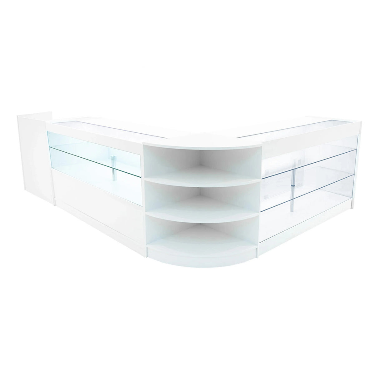 Theia LED Shop Counter Set in white features sleek glass displays, curved edges, and modern design for retail environments