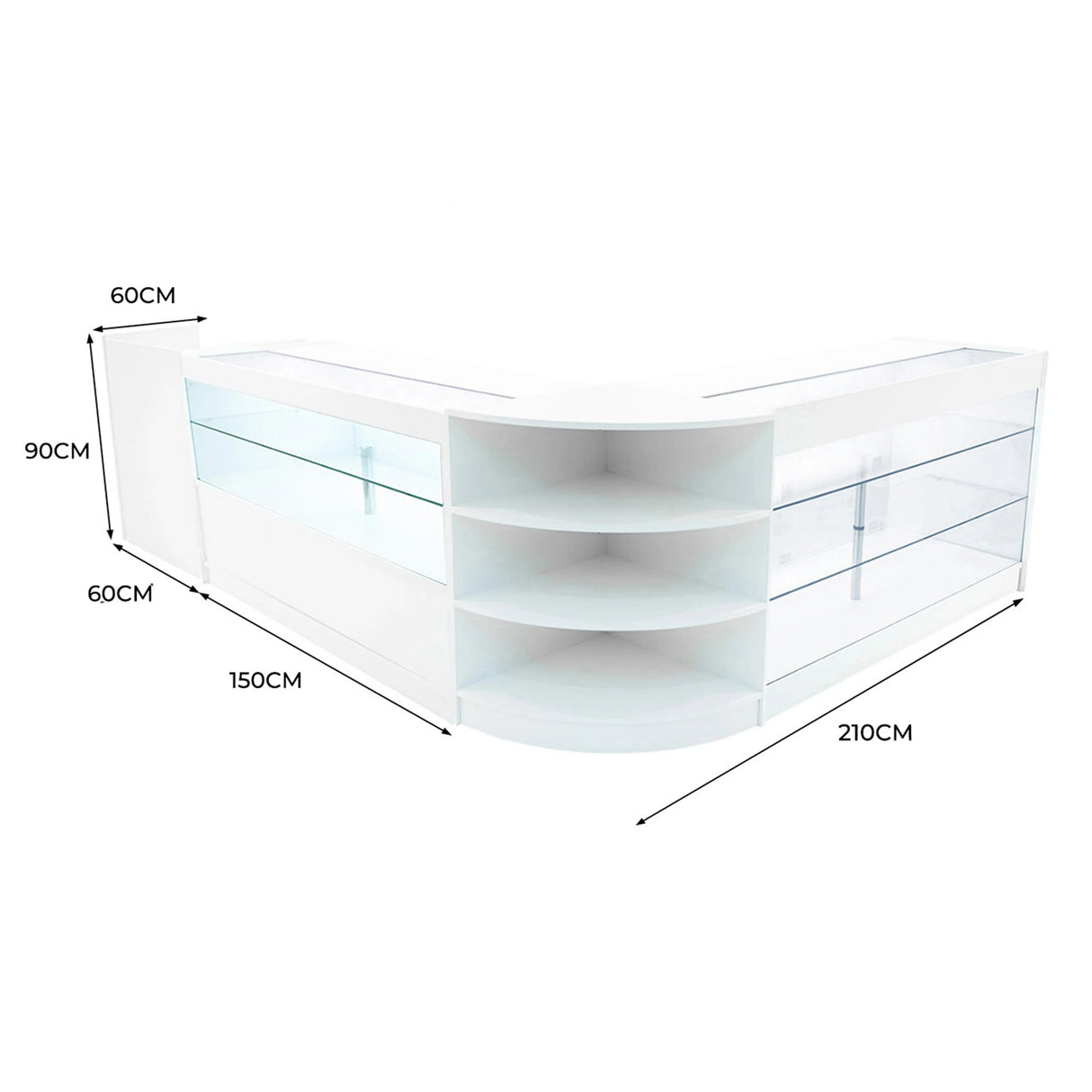 Curved white LED shop counter set with glass display shelves, measuring 210cm wide, 90cm high, and 60cm deep, ideal for retail use