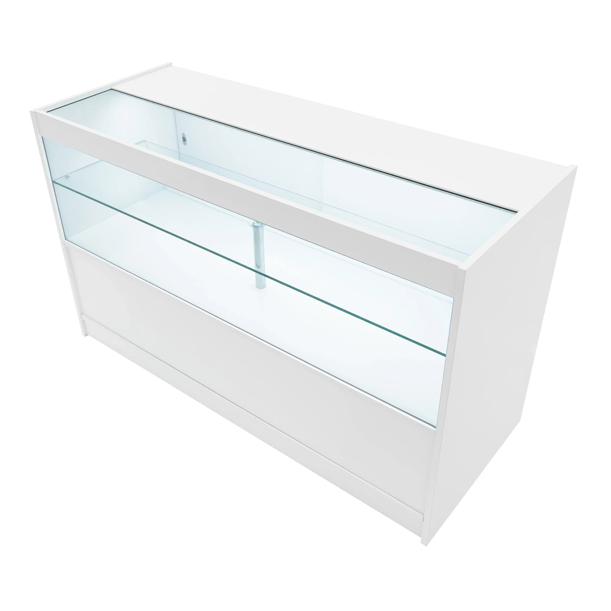 Theia LED shop counter set in white, featuring a sleek design with glass display shelves and a smooth, modern finish