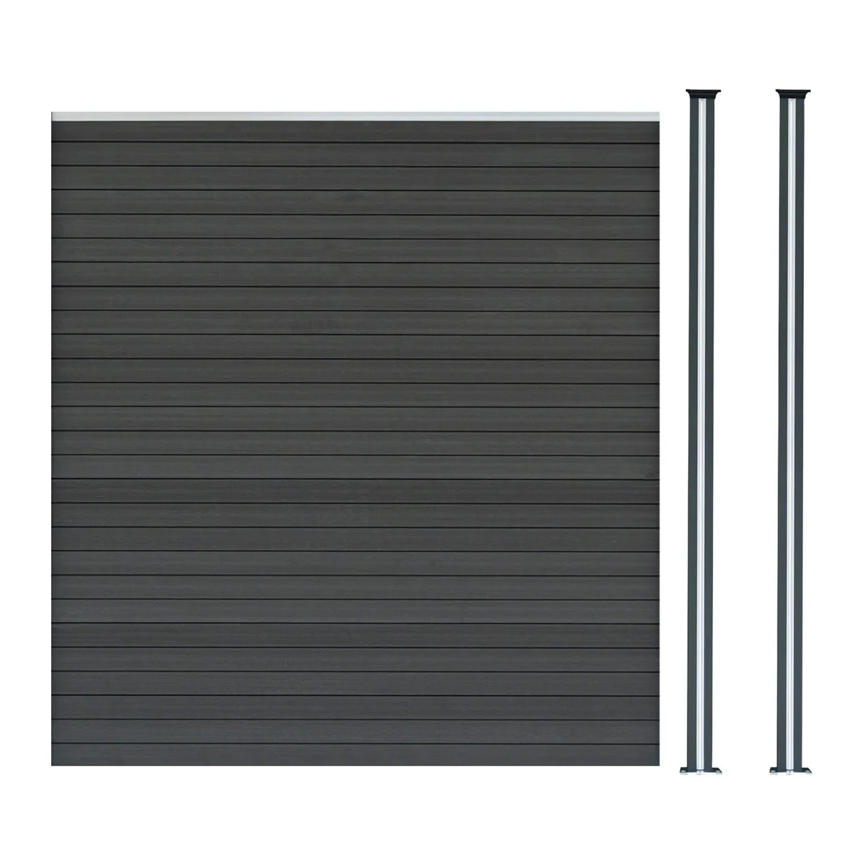 Grey composite fence panel with horizontal slats, accompanied by two sleek LED posts, ideal for modern outdoor spaces