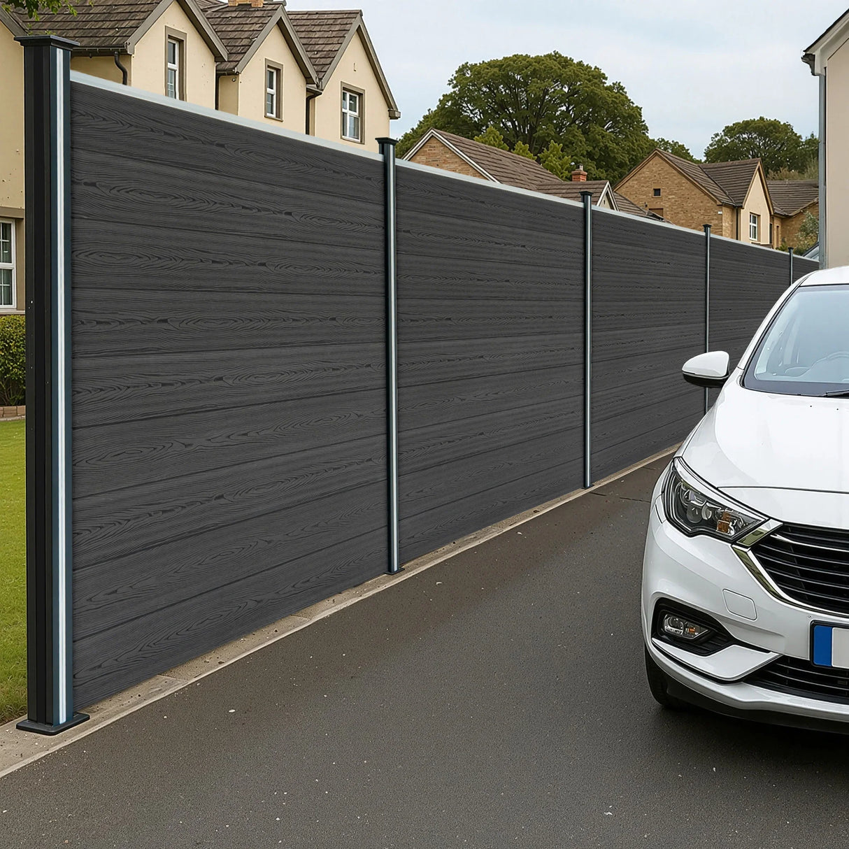 Grey composite fence panels with angled pieces and LED posts, showcasing a modern design along a residential street