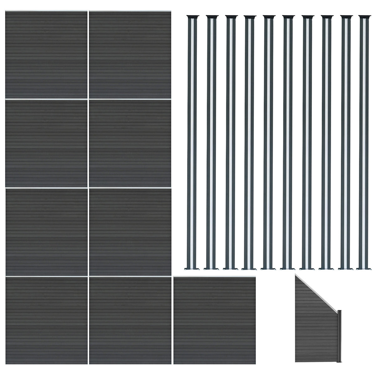 Composite Fence Panels x 9, Angled Piece & LED Posts x 10 - Grey