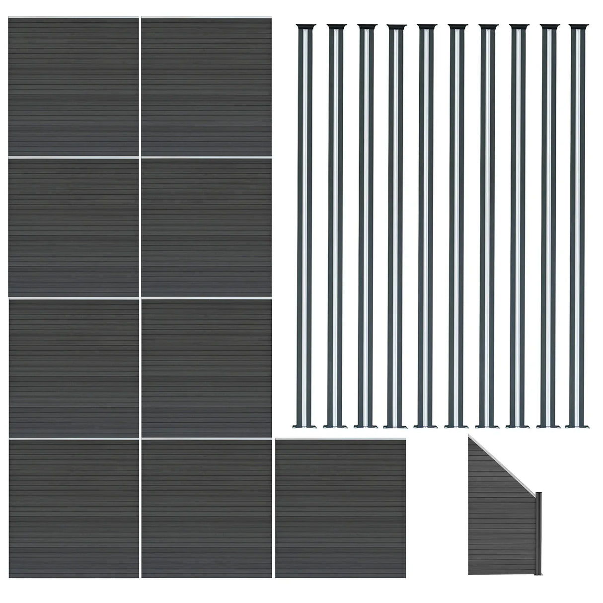 Composite fence panels in grey, featuring angled pieces and LED posts, showcasing a sleek, modern design with a textured finish