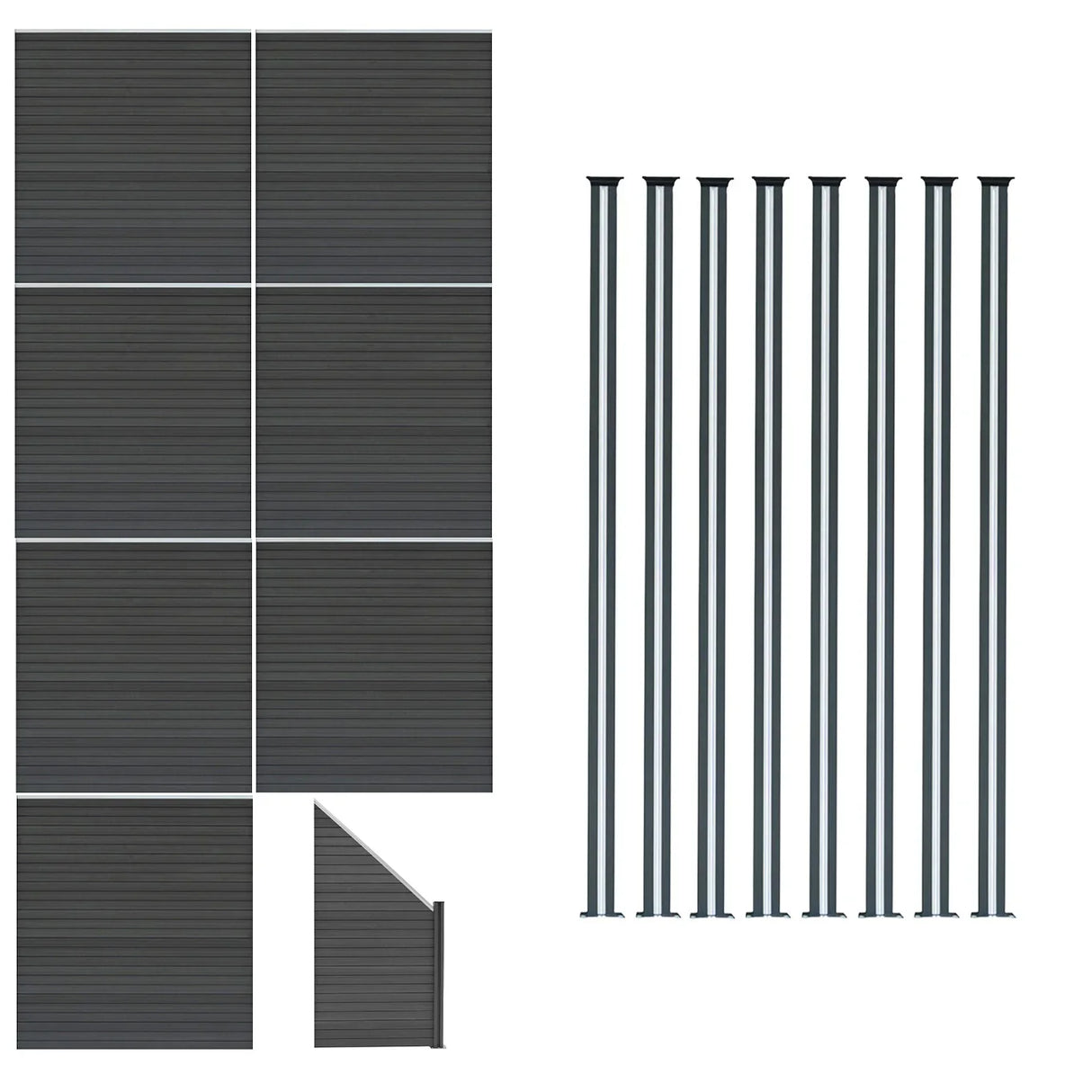 Grey composite fence panels with angled piece and LED posts, featuring a sleek, textured surface and modern design, ideal for outdoor spaces