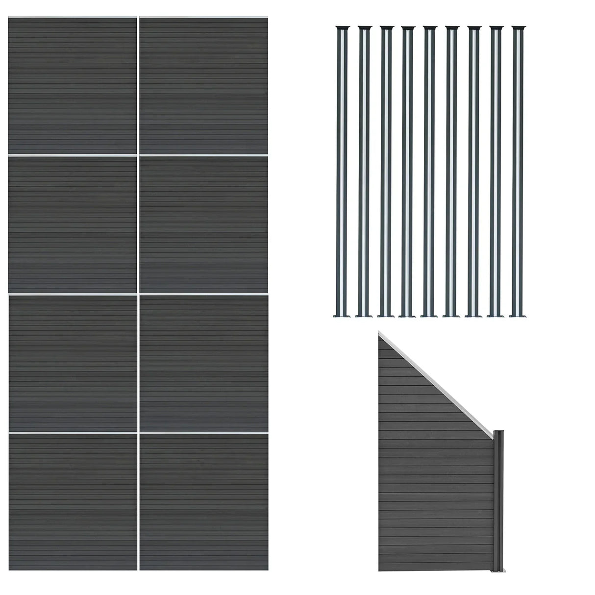 Grey composite fence panels with angled piece and LED posts, featuring a sleek, modern design and textured surface for durability