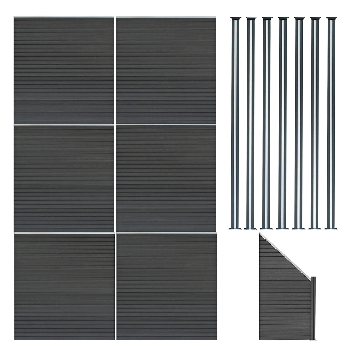 Composite Fence Panels x 6, Angled Piece & LED Posts x 7 - Grey