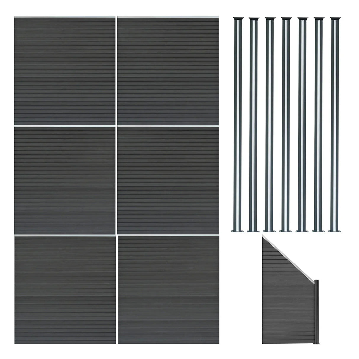 Grey composite fence panels with angled piece and six LED posts, showcasing a sleek, modern design and textured surface
