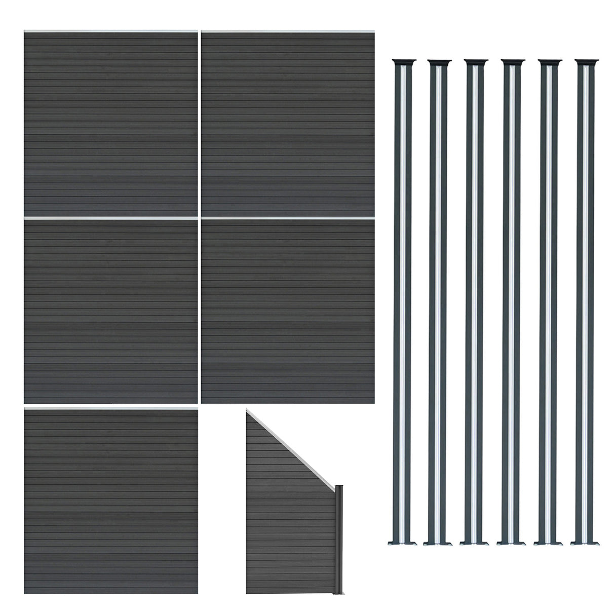 Composite Fence Panels x 5, Angled Piece & LED Posts x 6 - Grey