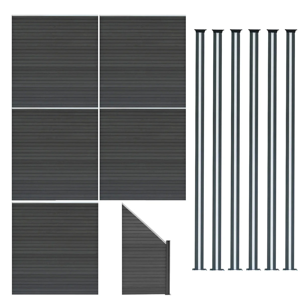Grey composite fence panels with angled piece and six LED posts, showcasing a sleek, modern design and textured surface