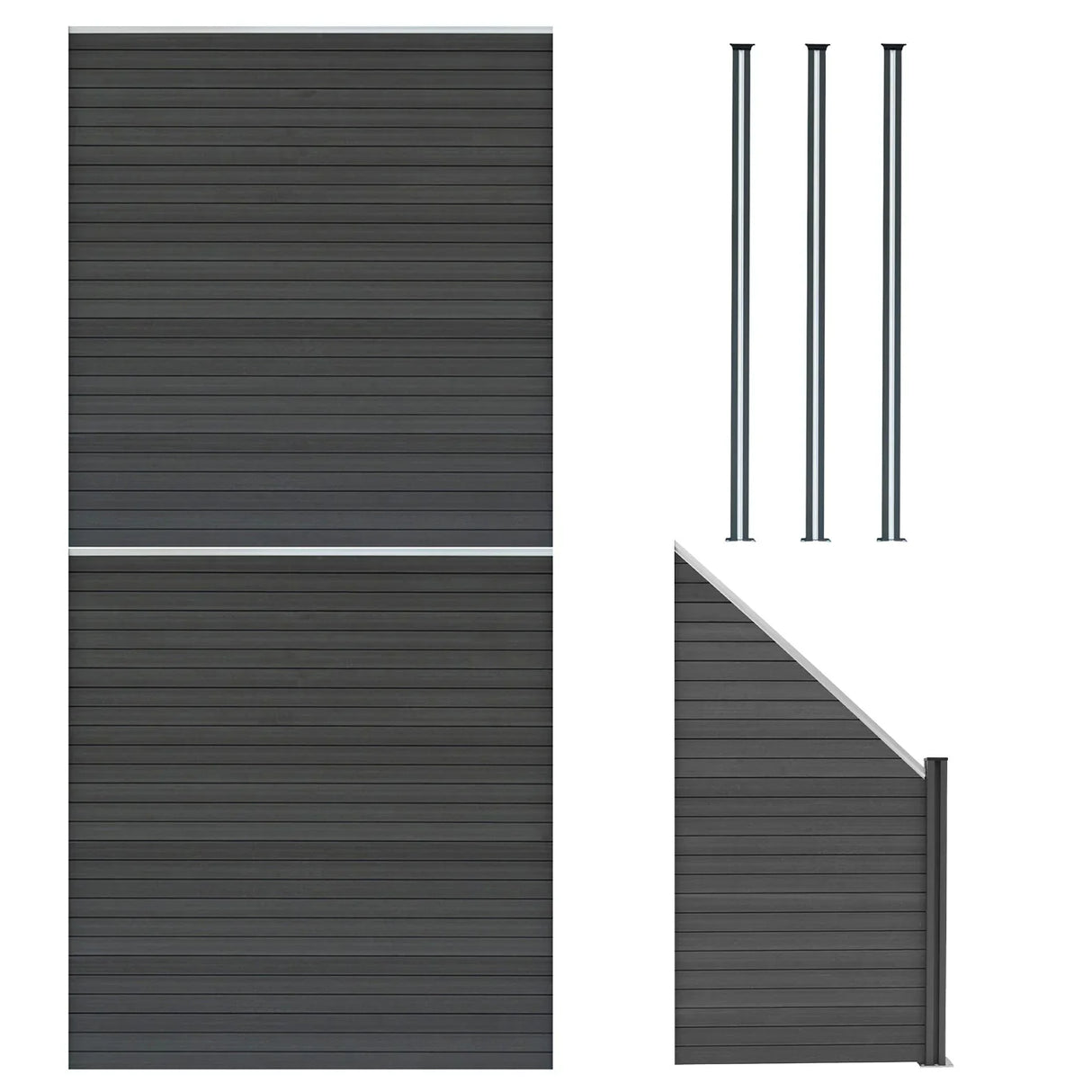 Grey composite fence panels with angled piece and three LED posts, showcasing a sleek, modern design and durable texture