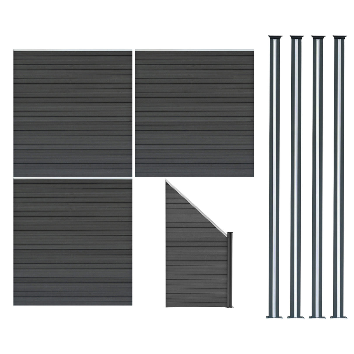 Composite Fence Panels x 3, Angled Piece & LED Posts x 4 - Grey