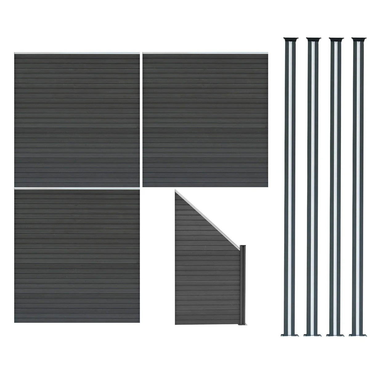 Grey composite fence panels with angled piece and four LED posts, showcasing a sleek, modern design and textured surface