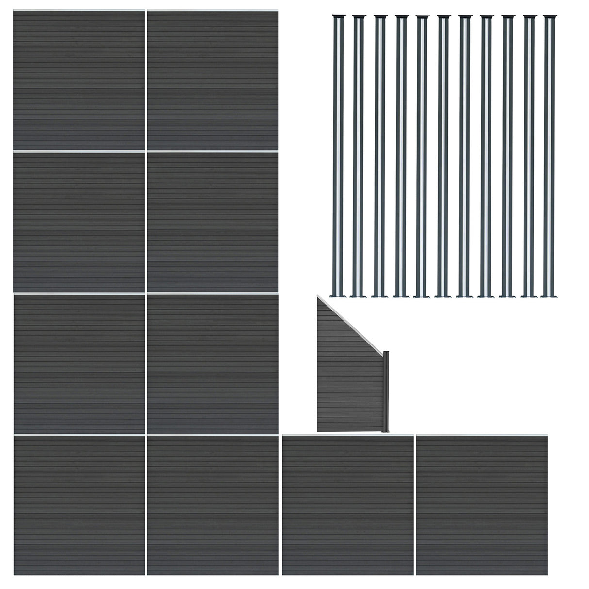 Composite Fence Panels x 10, Angled Piece & LED Posts x 11 - Grey