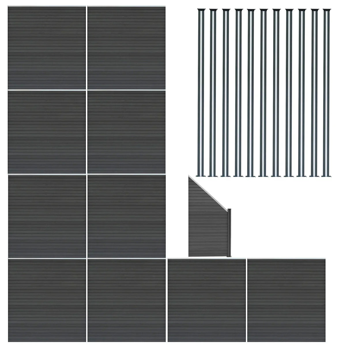 Grey composite fence panels with angled piece and LED posts, showcasing a sleek, modern design and durable texture, ideal for outdoor use