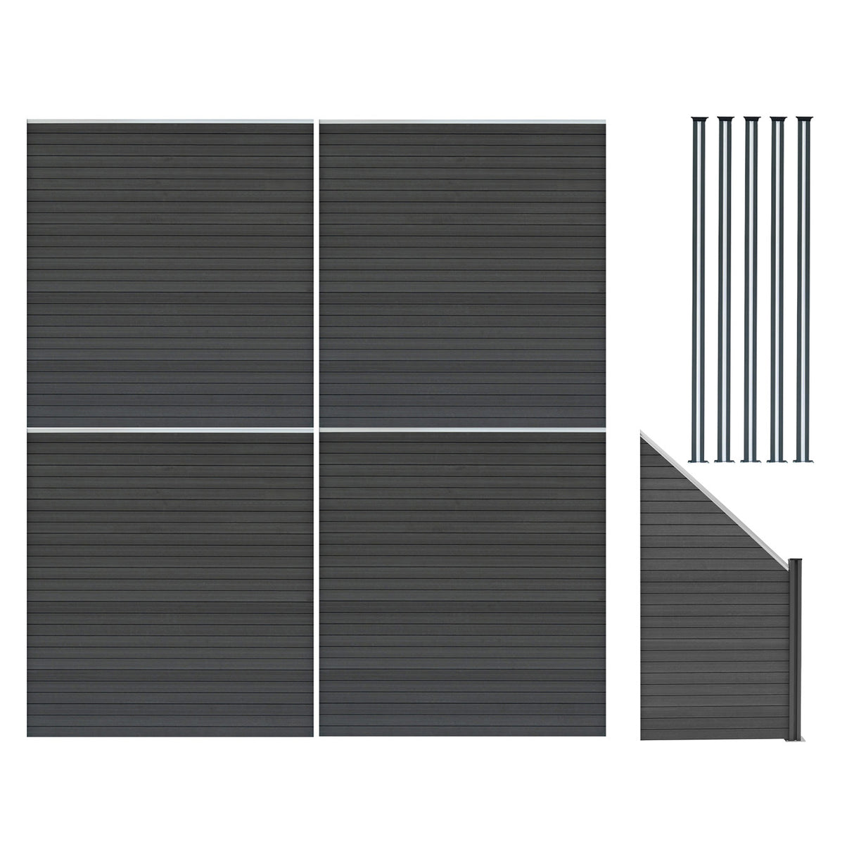 Composite Fence Panels x 4, Angled Piece & LED Posts x 5 - Grey