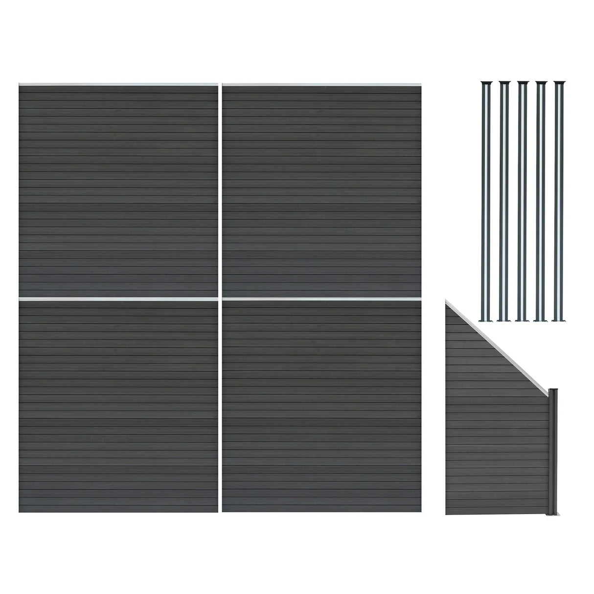 Grey composite fence panels with angled piece and six LED posts, showcasing a sleek, modern design and textured surface