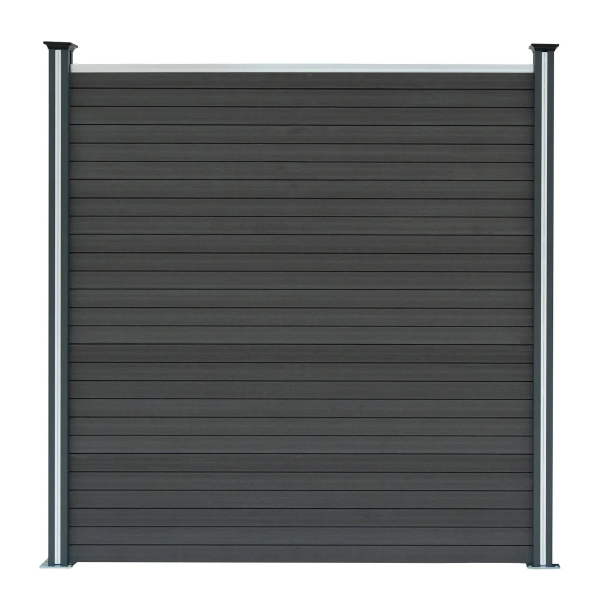 Grey composite fence panel with angled piece and LED posts, featuring a sleek, modern design and horizontal slats for durability