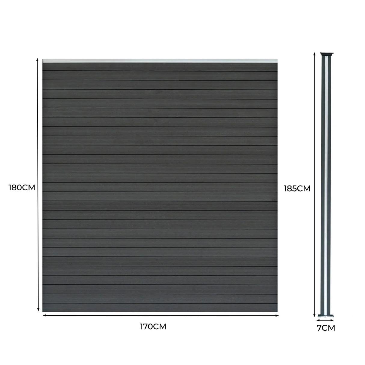 Grey composite fence panel with angled piece and LED posts, featuring a sleek, modern design and textured surface, dimensions 6ft x 25ft