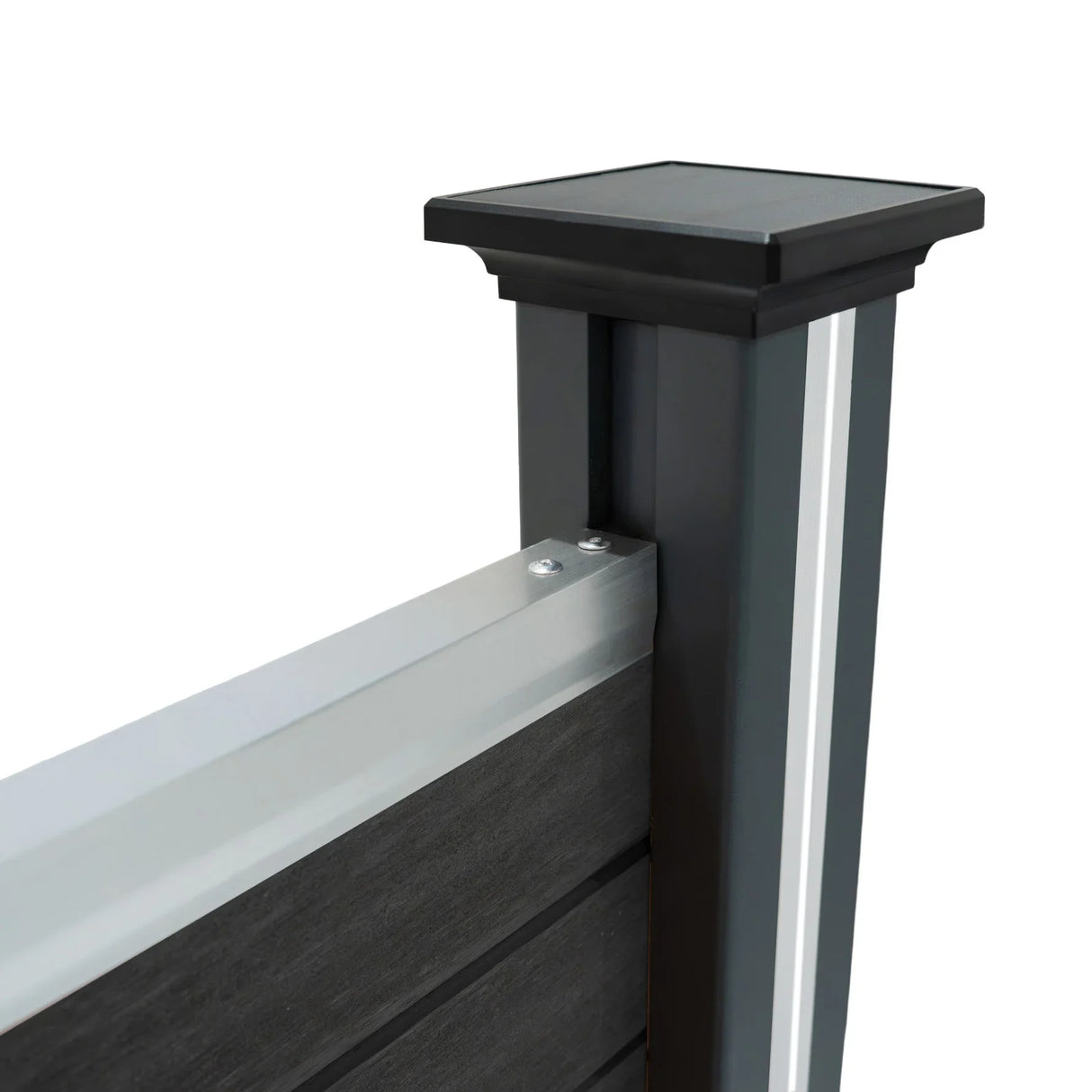Grey composite fence panel with sleek LED post, featuring a modern design and smooth texture, ideal for outdoor spaces