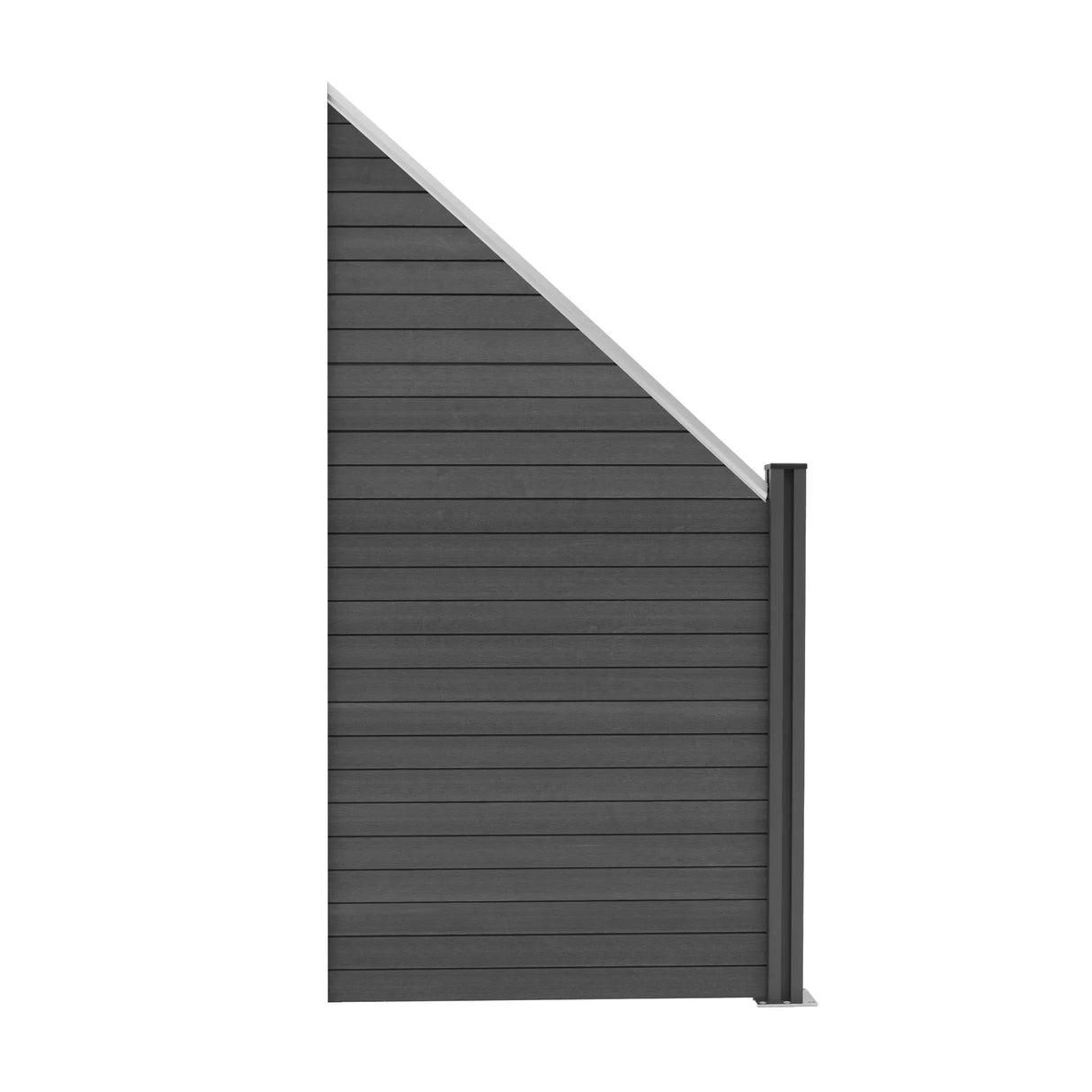 Grey composite fence panel angled piece with sleek horizontal slats, featuring a modern LED post for enhanced visibility and style