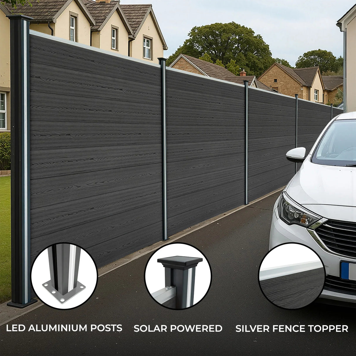 Composite fence panels in grey with angled pieces and solar-powered LED posts, showcasing a sleek, modern design and durable materials