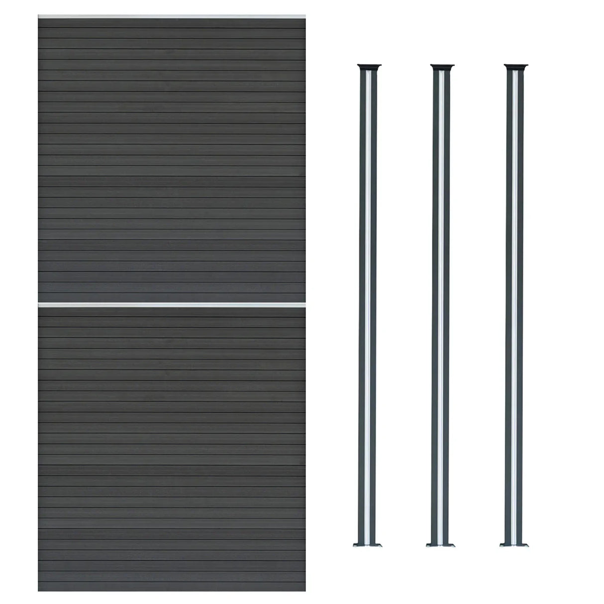 Grey composite fence panels and LED posts, featuring a sleek, modern design with horizontal slats and smooth finishes, ideal for outdoor use