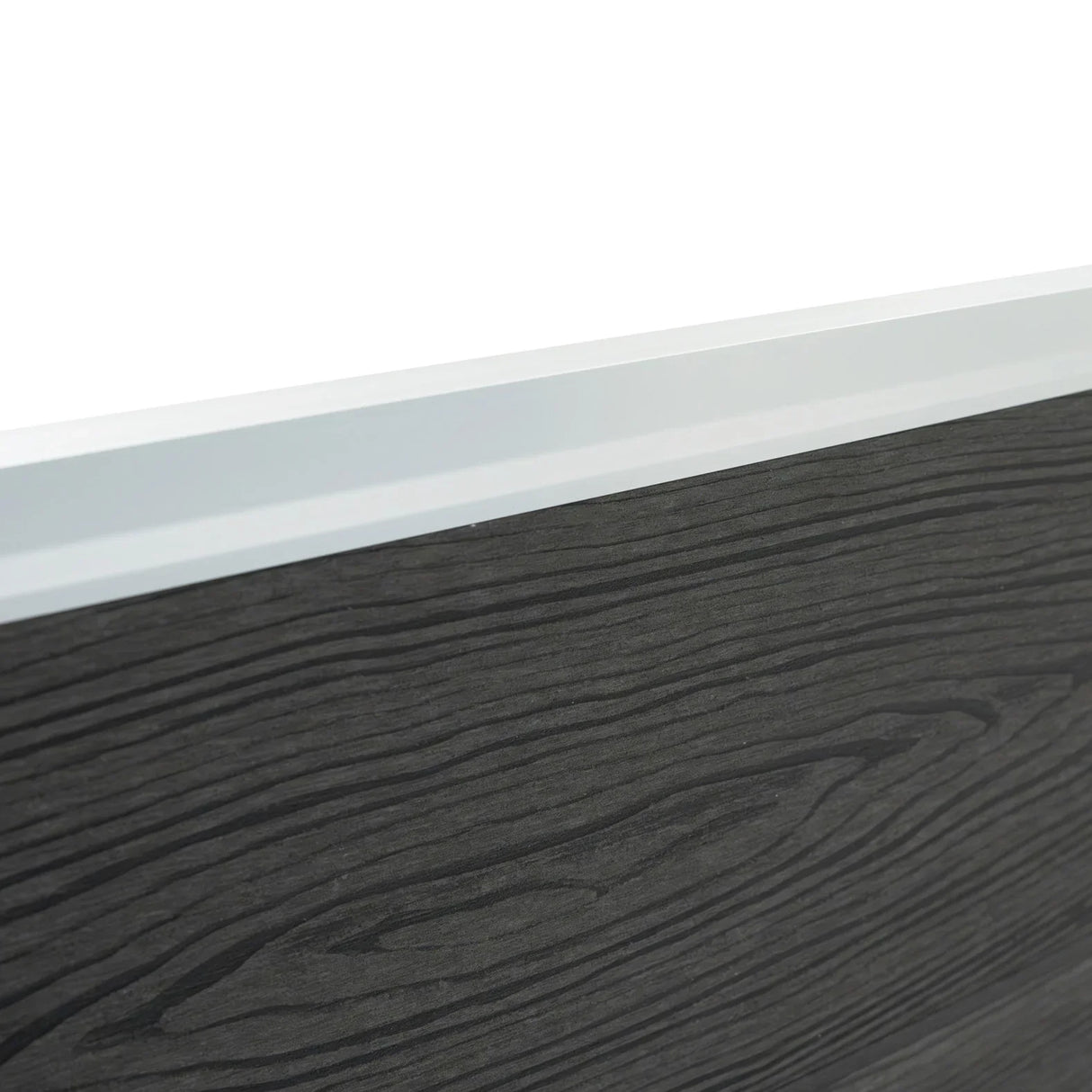 Grey composite fence panel with a textured wood grain finish and a sleek white top edge, showcasing durability and modern design