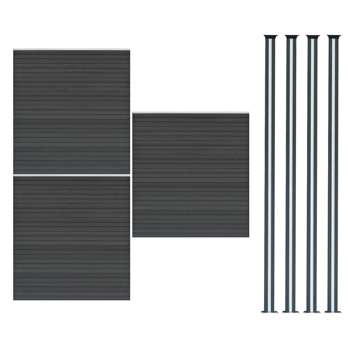 Grey composite fence panels and LED posts, featuring a sleek, textured finish, ideal for modern outdoor spaces, measuring 6ft x 17ft