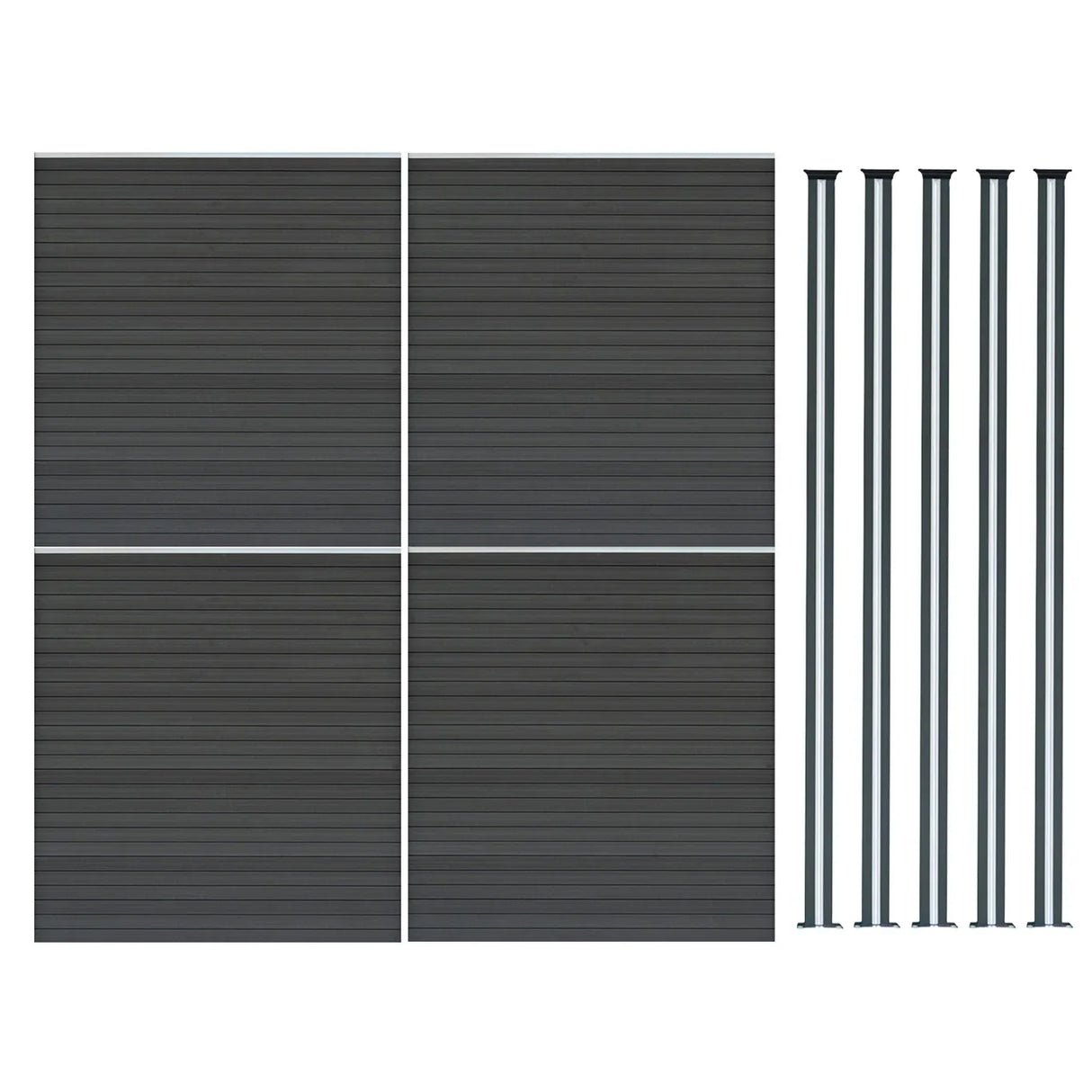 Grey composite fence panels with textured surface, measuring 6ft x 23ft, accompanied by sleek LED posts for modern outdoor aesthetics
