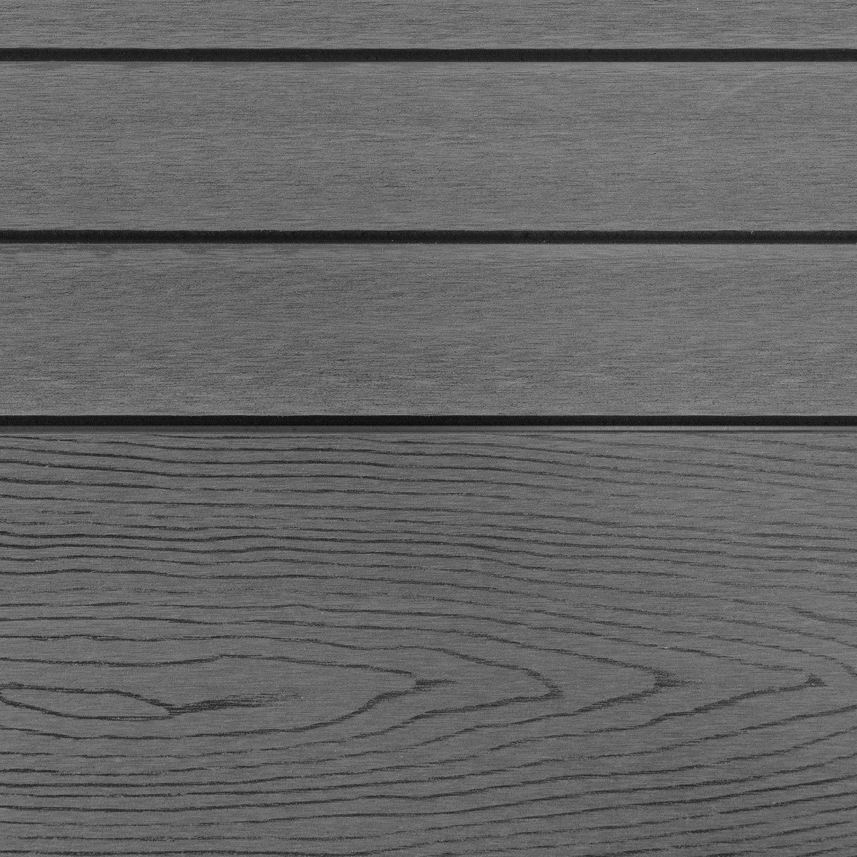 Grey composite fence panels featuring a smooth, textured finish with horizontal slats, ideal for outdoor privacy and durability