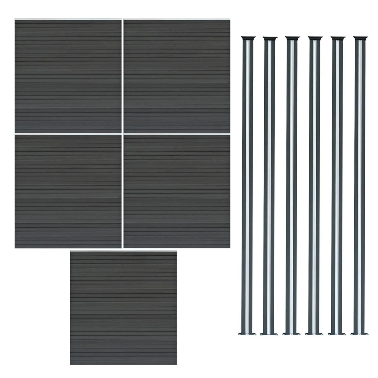 Grey composite fence panels and LED posts, featuring a sleek, textured surface, arranged in a 6ft x 29ft layout with vertical posts