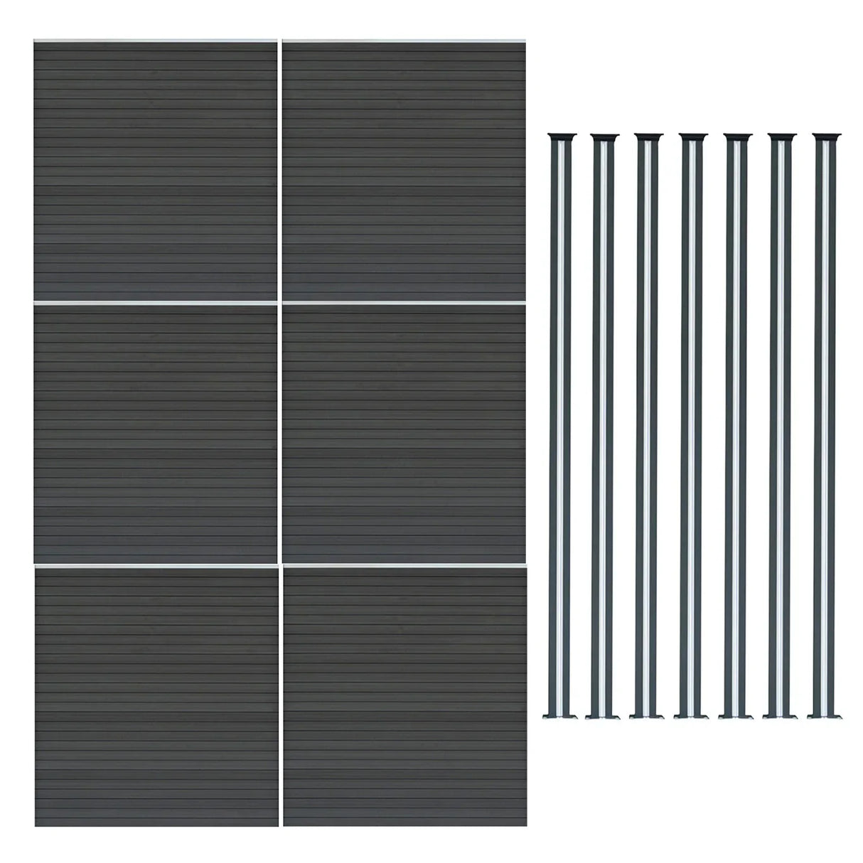 Grey composite fence panels and LED posts, featuring a sleek, textured finish, arranged in a 6ft x 34ft layout for modern outdoor spaces