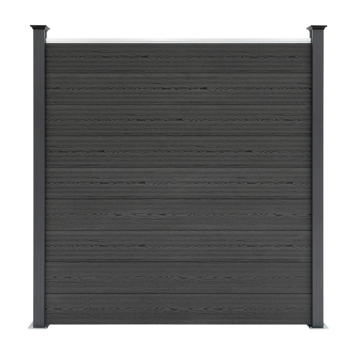 Grey composite fence panels with sleek LED posts, featuring a modern design and textured wood grain finish, 6ft x 34ft size