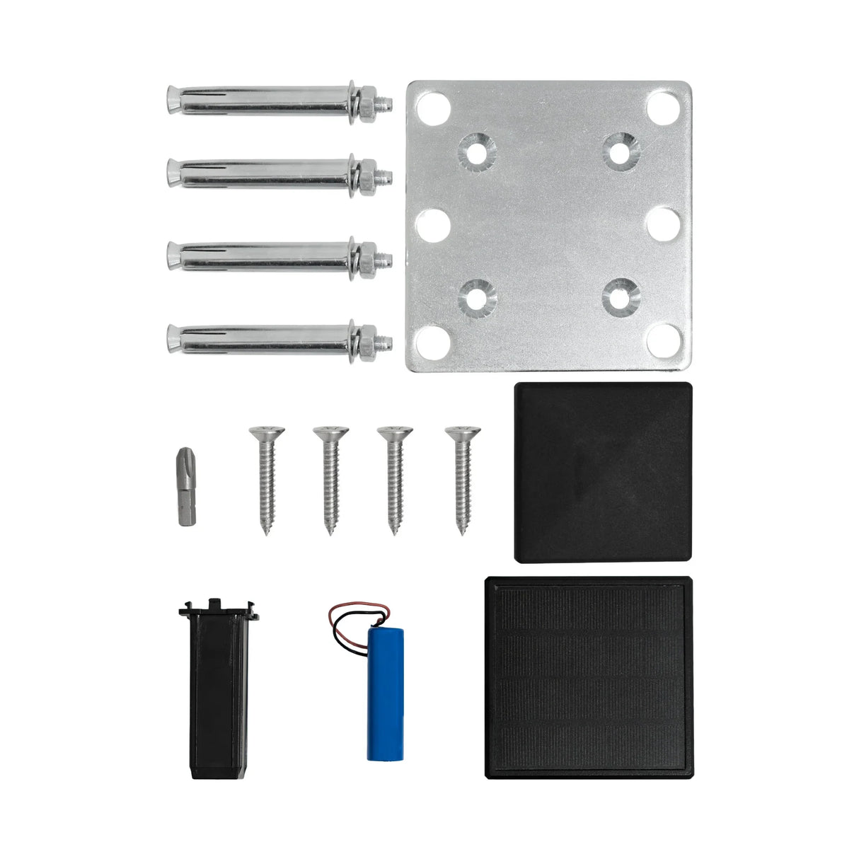 Grey composite fence panel hardware kit includes LED post components, bolts, screws, and a solar panel for easy installation