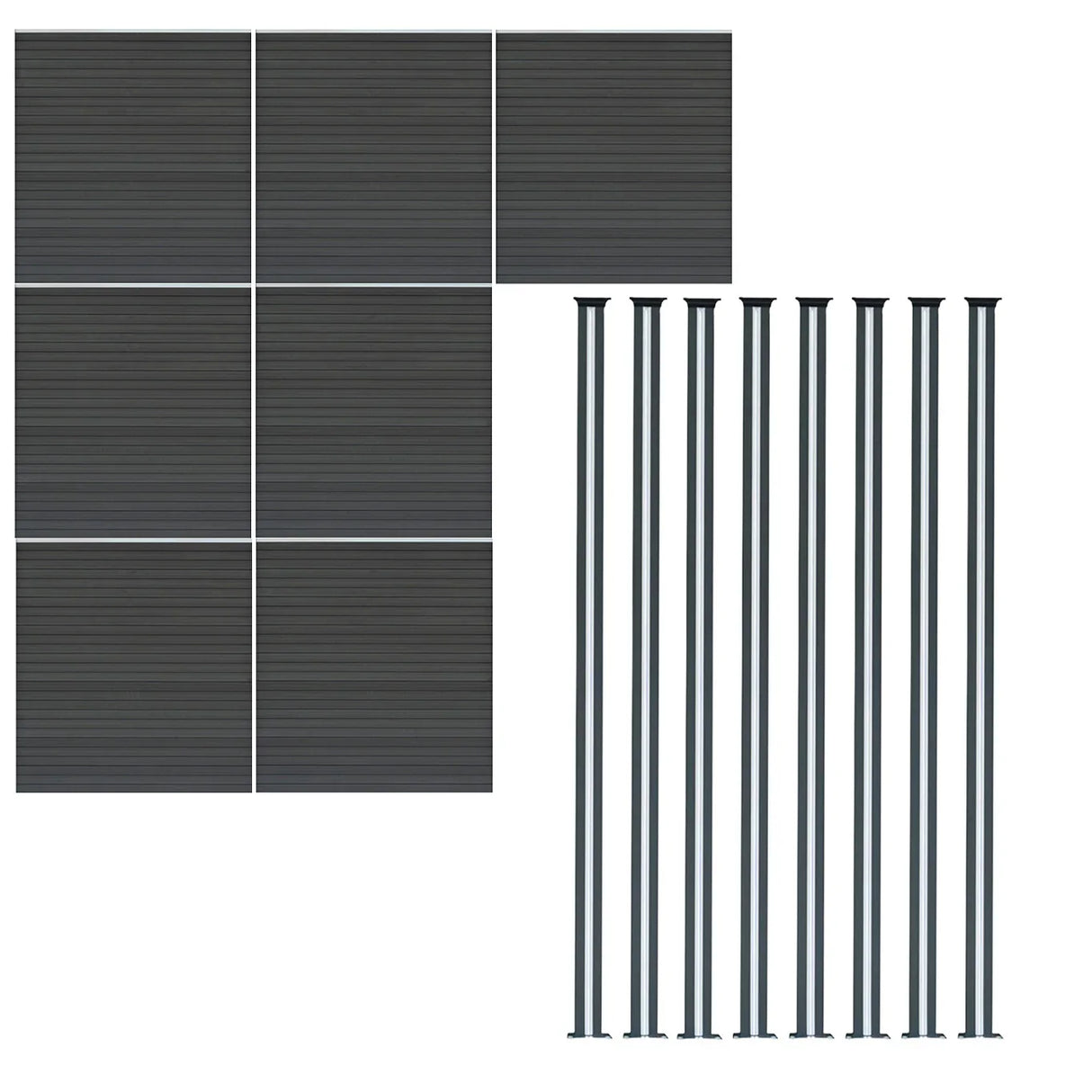 Grey composite fence panels and LED posts, featuring a sleek, textured finish, arranged in a 6ft x 40ft layout for outdoor use