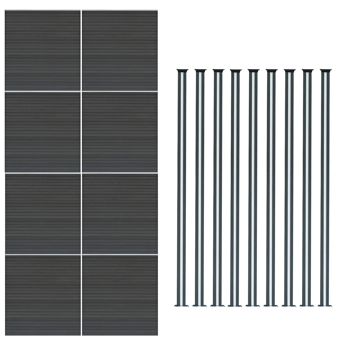 Grey composite fence panels with a textured finish, accompanied by sleek LED posts, ideal for privacy and modern landscaping
