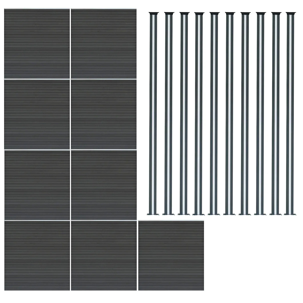 Grey composite fence panels and LED posts, featuring a sleek, textured surface, arranged in a grid pattern for easy installation