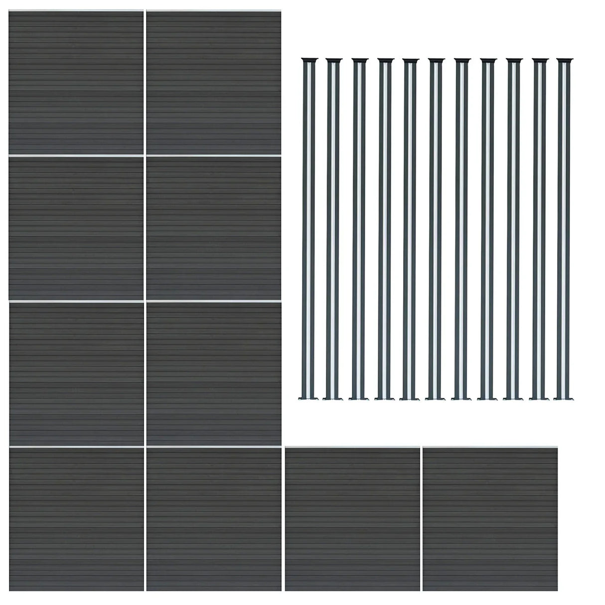 Grey composite fence panels and sleek LED posts, showcasing a modern design with a textured finish, ideal for outdoor spaces