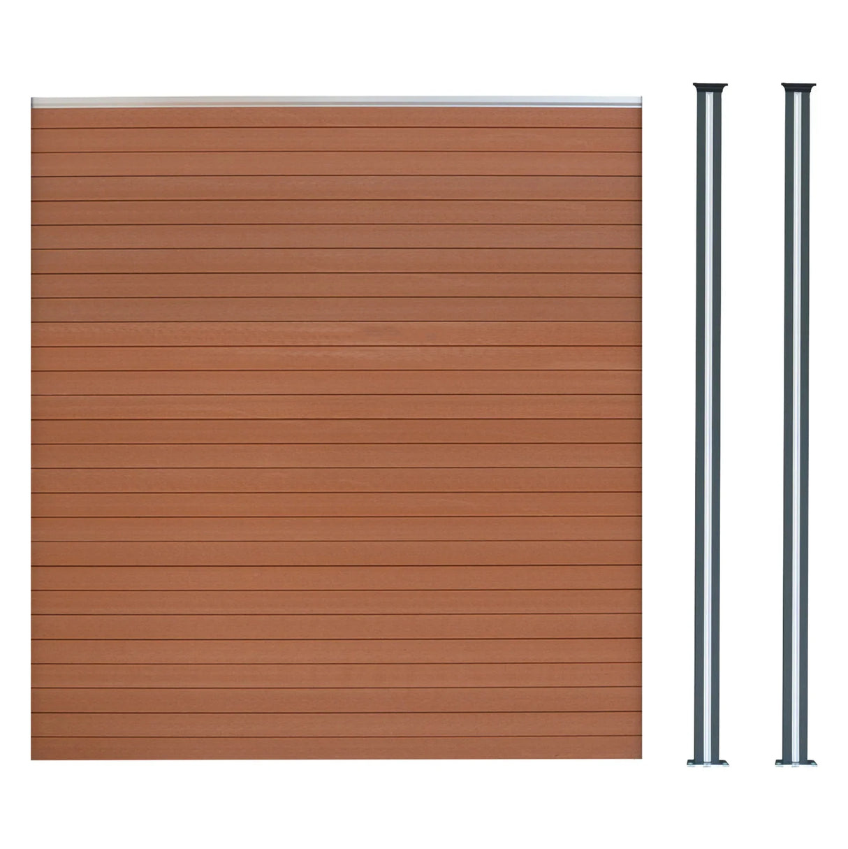 Brown composite fence panel with horizontal slats, accompanied by two sleek LED posts, ideal for modern outdoor spaces