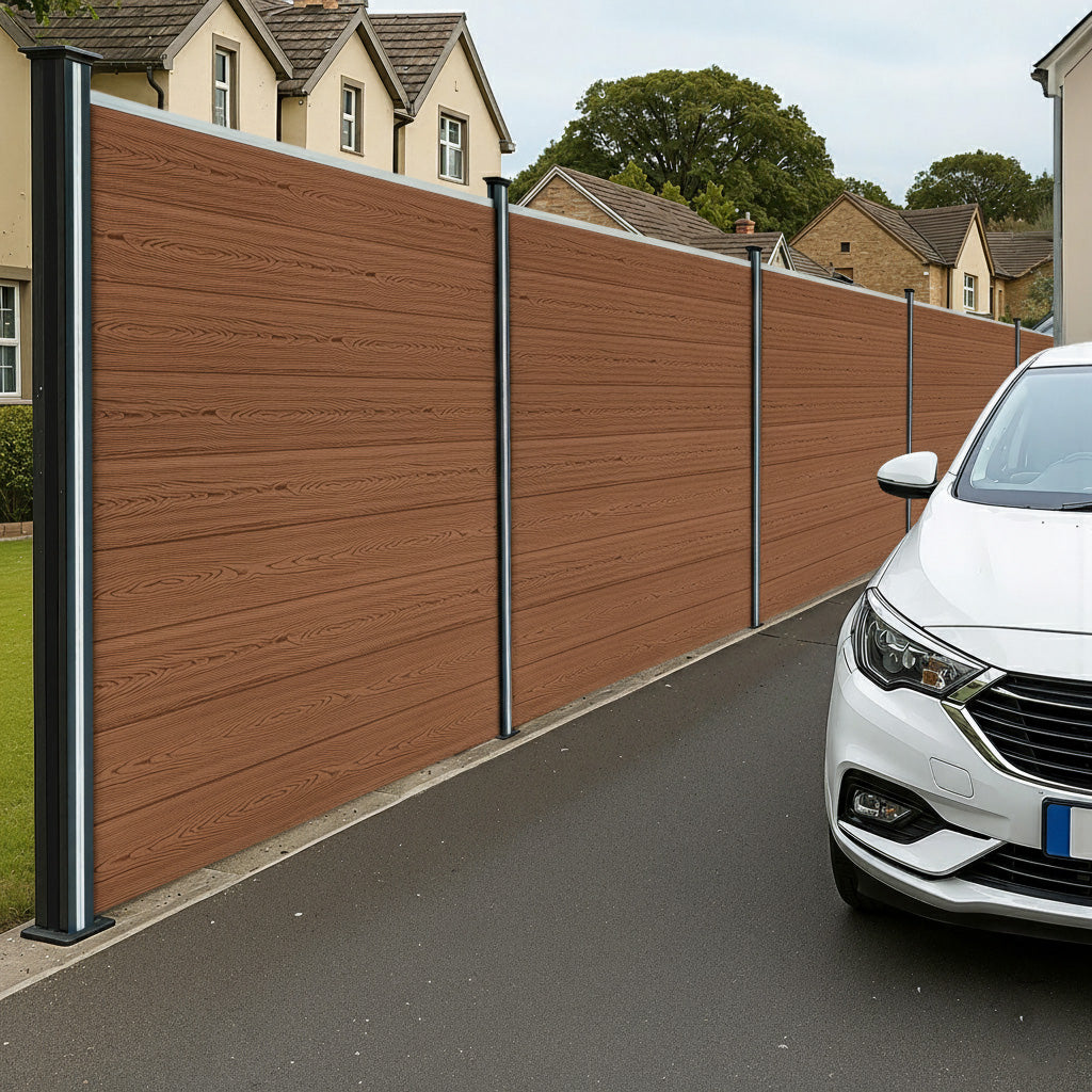 Composite Fence Panels x 8, Angled Piece & LED Posts x 9 - Brown