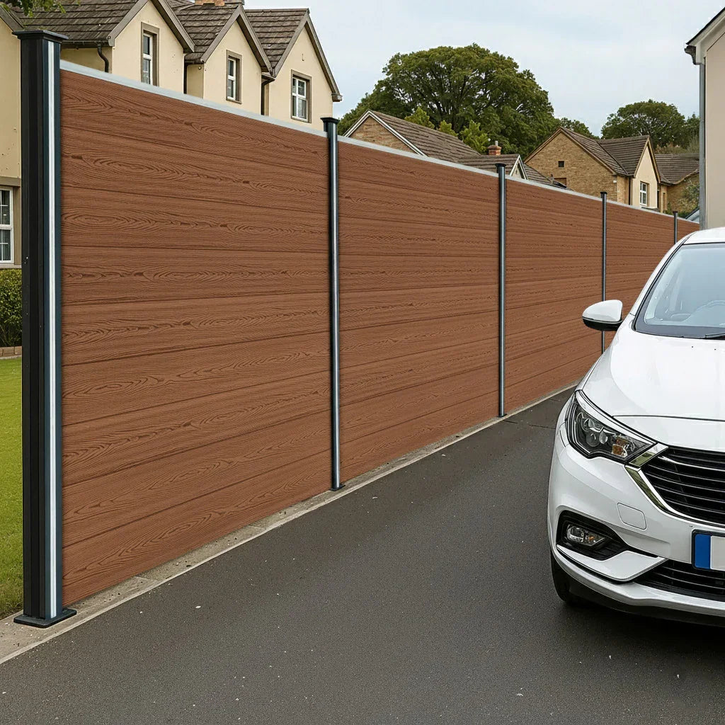 Composite fence panels in brown with angled piece and LED posts, showcasing a smooth wood-like texture and modern design, set along a driveway
