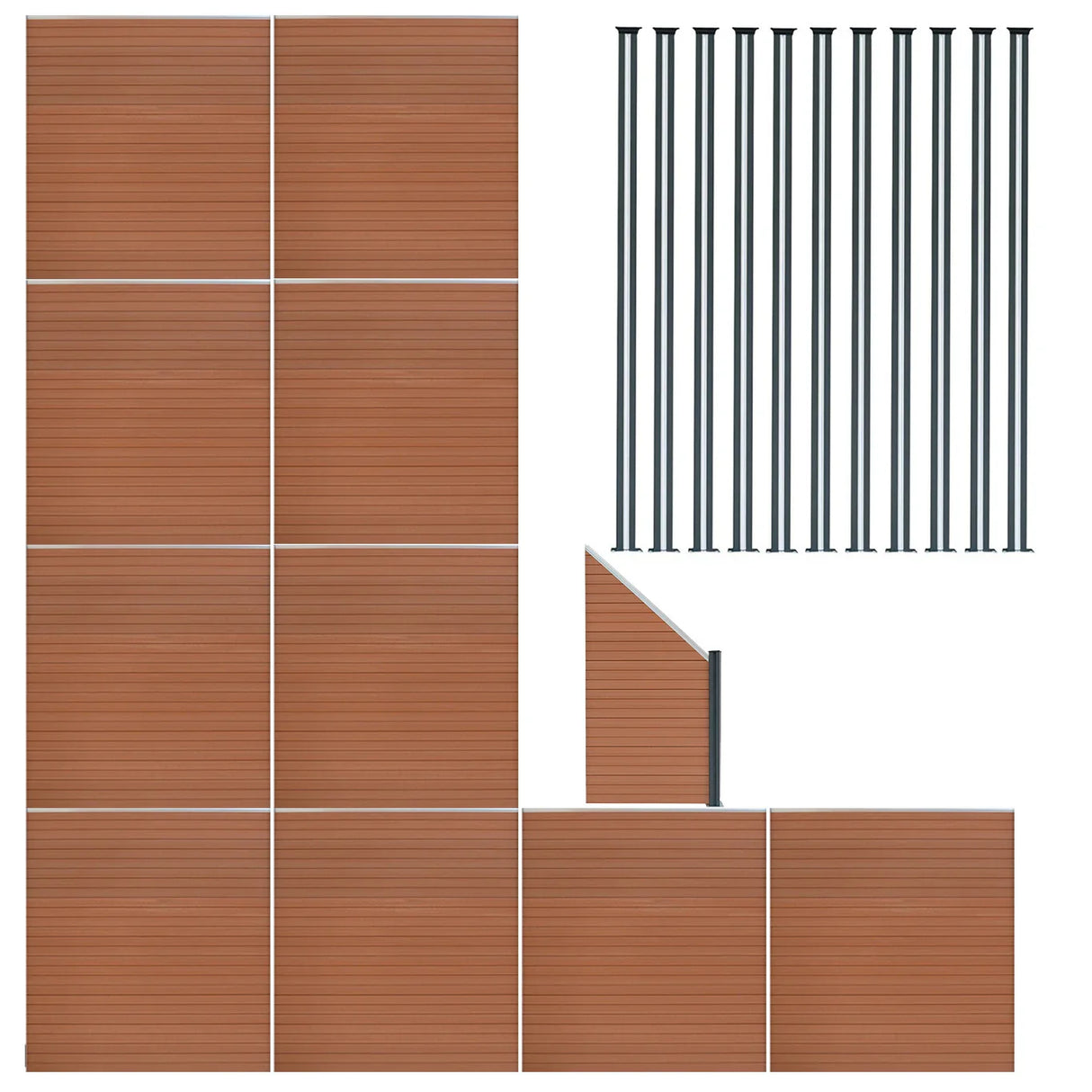 Brown composite fence panels with angled piece and LED posts, featuring a smooth wood-like texture and sleek black metal accents
