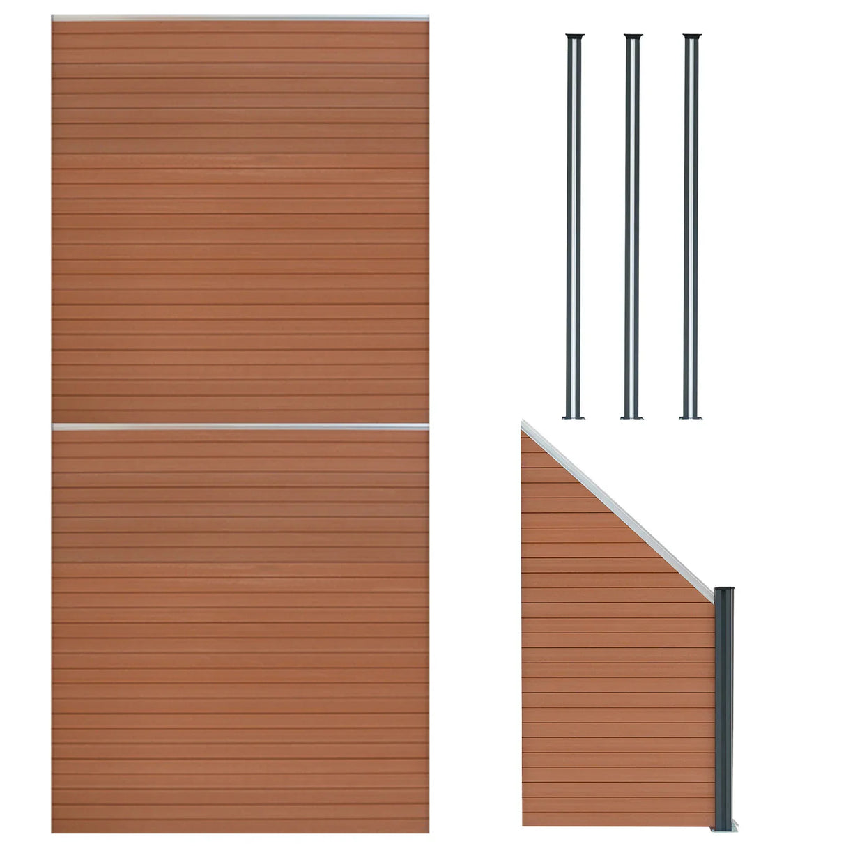 Composite fence panels in rich brown, featuring an angled piece and three sleek LED posts, ideal for modern outdoor spaces