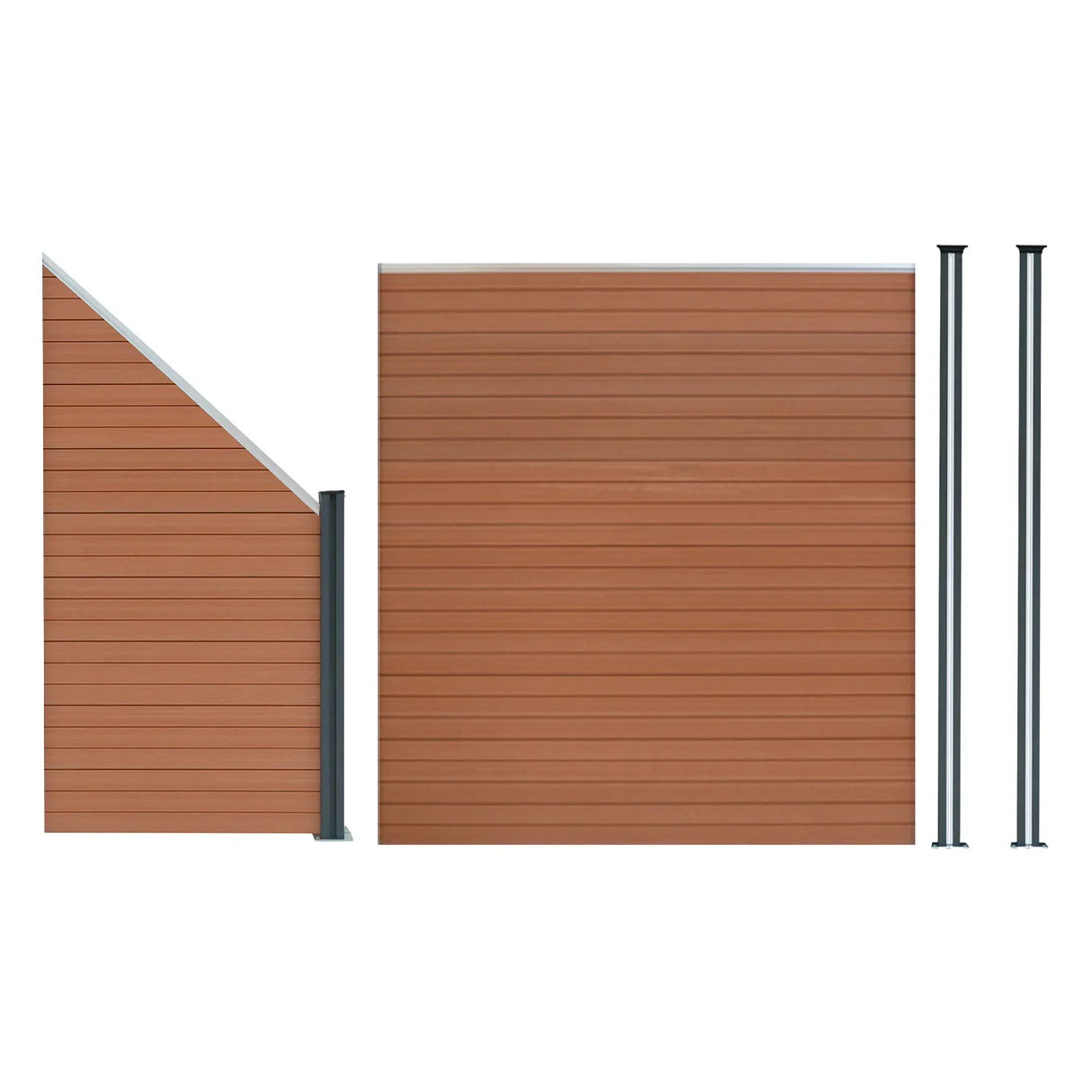 Composite fence panel in brown with an angled piece and two sleek LED posts, showcasing a modern, textured design for outdoor use