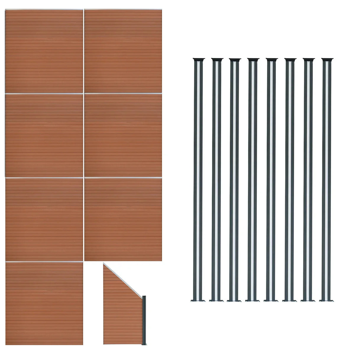 Brown composite fence panels with angled piece and eight LED posts, showcasing a sleek, modern design and durable texture