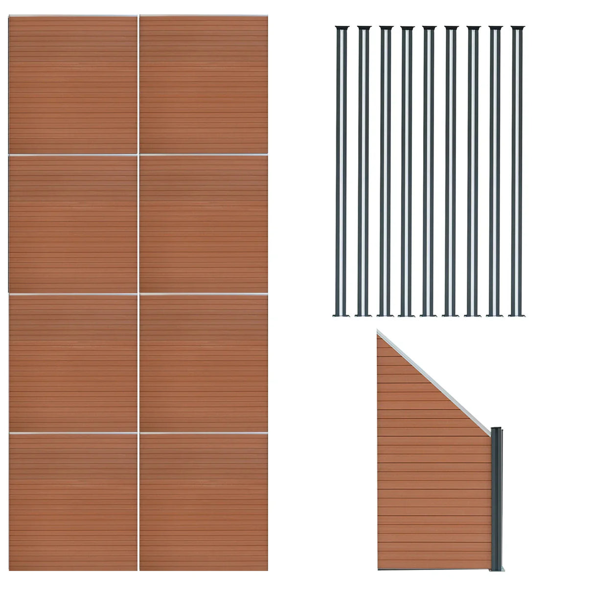 Composite fence panels in rich brown, featuring angled pieces and sleek LED posts, ideal for modern outdoor spaces, 6ft x 49ft