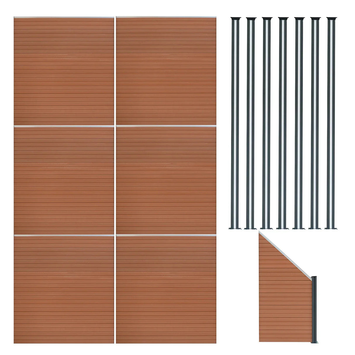 Composite fence panels in rich brown, featuring angled piece and six sleek LED posts, ideal for modern outdoor spaces