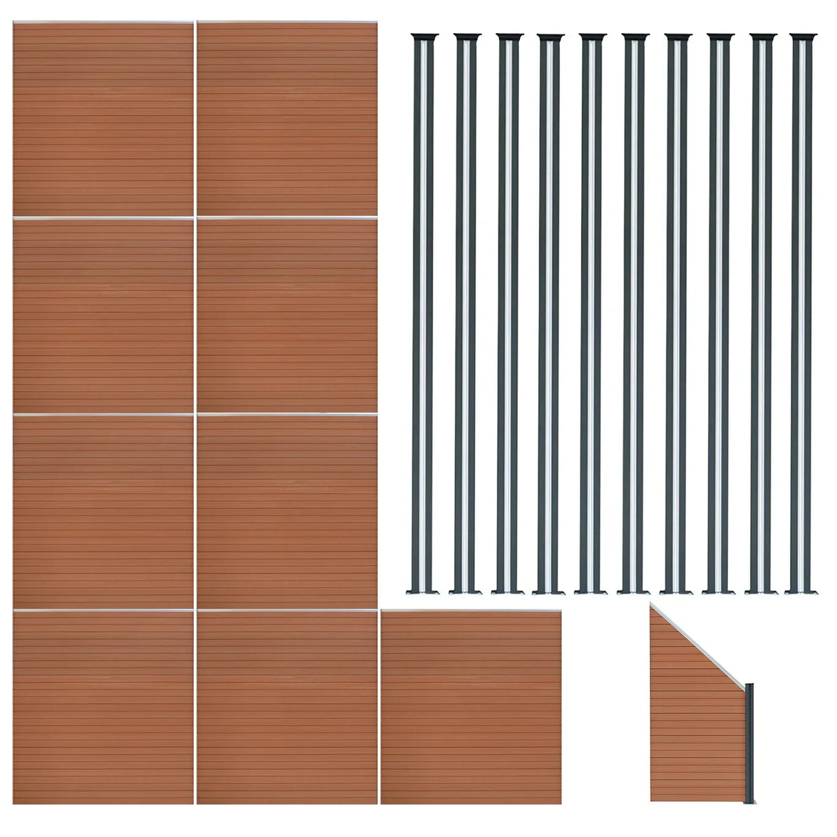 Brown composite fence panels, angled piece, and LED posts, showcasing a textured wood-like finish and sleek black posts, ideal for outdoor use