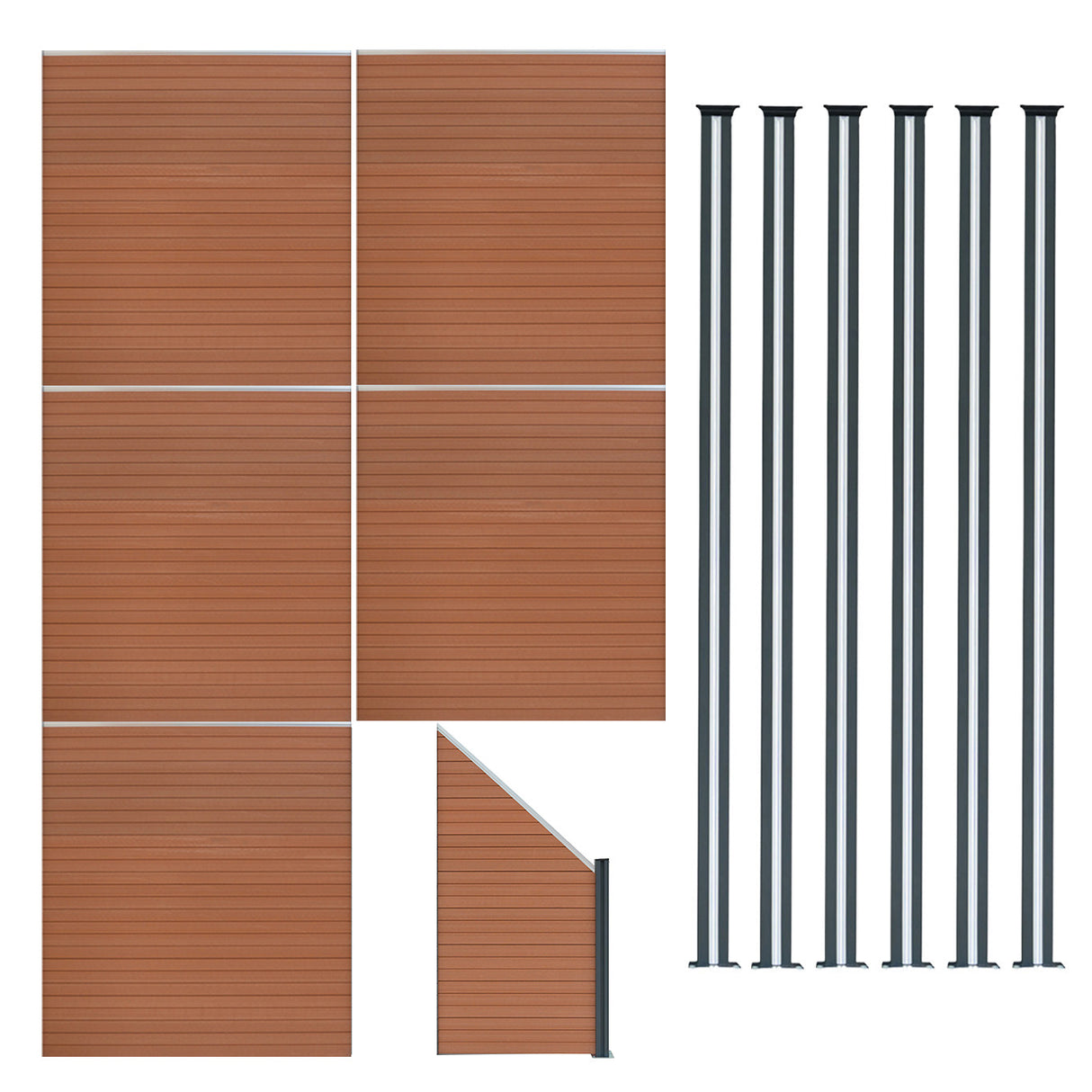 Composite Fence Panels x 5, Angled Piece & LED Posts x 6 - Brown