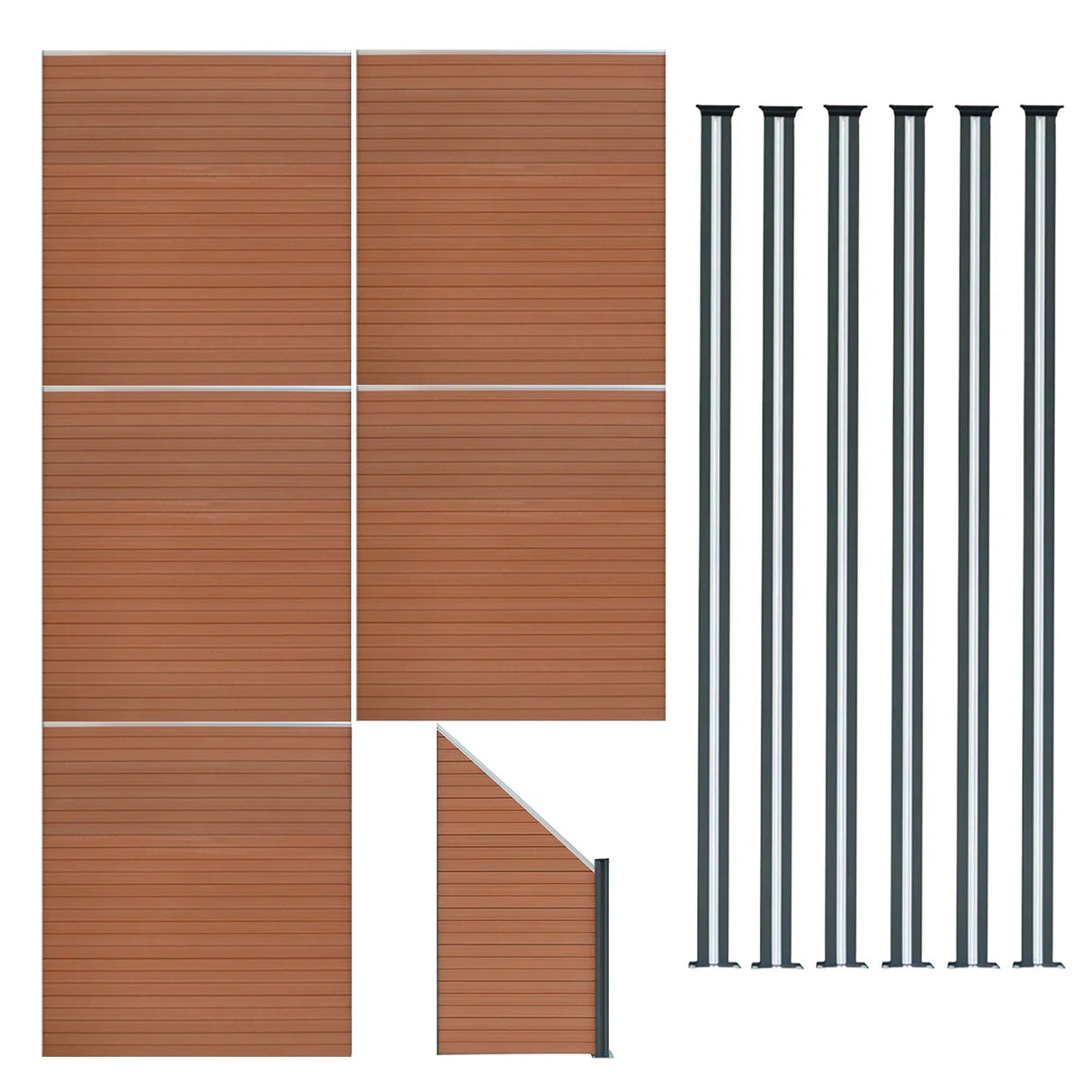 Brown composite fence panels with angled piece and six LED posts, showcasing a sleek, textured finish and modern design